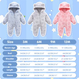 Fnaobai Newborn Winter Snowsuit Baby Girl Boy Bear Ear Fleece Hooded Romper Infant Footie Jumpsuit Outwear Coats (Grey, 50CM(0-3 M))