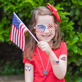 108 Pcs Patriotic Party Favor Supplies of 6 Glasses, 6 Necklaces, 6 Flags on Stick, 6 Headbands, 12 Mustaches, and 72 Tattoo Stickers for 4th of July Celebration, Patriotic Themed Party Decoration