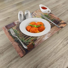 Ambesonne Italian Place Mats Set of 4, View of Old Mediterranean Street Stone Rock Houses in Italy City Rural Print, Washable Fabric Placemats for Dining Table, Standard Size, Stone Green