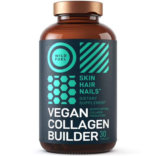 Maximum Potency Vegan Collagen Builder - Wild Fuel Cruelty-Free Kickstart Formula - Concentrated Support for Younger-Looking Skin, Strong Hair and Nails and Flexible Joints - Non-GMO - 30 Tablets