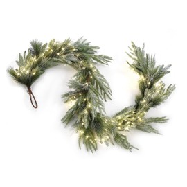 LampLust Garland with Lights - 6 FT Lighted Garland with Pine Branches & Realistic Faux Snow, 100 LED Lights, Battery Operated, Timer, Indoor Farmhouse Home Decorations