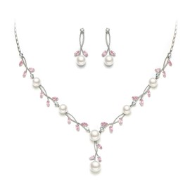 Ever Faith Wedding Jewelry Set Simulated Pearl Pink CZ Leaf Vine Necklace Earrings Set for Women Girls Silver-Tone