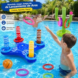 TAGNEFLOR Juguetes de Piscina 16 Piezas, Juego Acuático Inflable 3 en 1 con Lanzamiento de Aros, Baloncesto y Cactus, para Niños, Adolescentes y Fiestas Familiares de Alberca