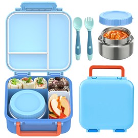 BEAQUEE Bento Box for Kids with Soup Thermos(9oz)– Kid Bento Lunch Box with Leak Proof Insulated Food Jar, Hot & Cold Lunch Container Set for School Girls Boys, 4-Compartments, Dishwasher Safe, Blue