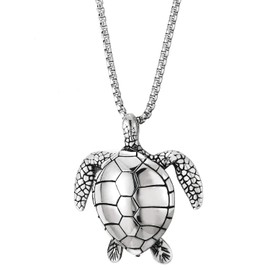 COOLSTEELANDBEYOND Stainless Steel Mens Womens Sea Turtle Tortoise Pendant Necklace, 30 inches Wheat Chain, Animal Love