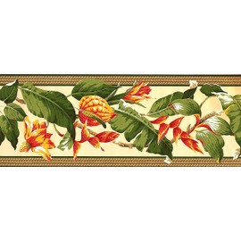 CONCORD WALLCOVERINGS ™ Wallpaper Border Floral Vintage Vine Pattern Leaves Flowers, Colors Light Cream Brown Green Yellow Beige Red, Size 9 Inches by 15 Feet NG8055B