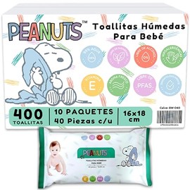 Peanuts Toallitas Humedas Bebe | Caja con 400 Piezas | 10 paquetes de 40 toallitas c/u | Hipoalergénicas | Limpieza y Comodidad | Aroma Fresco