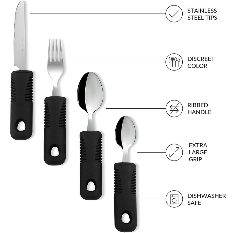 Adaptive Utensils Set (4-Pieces), Non-Weighted, Non-Slip Handles for Hand Tremors,
