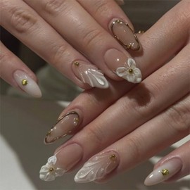 JONKASIPA White Flower Embossed Nail Stickers - Medium Almond Shape Fake Nails Glossy Glue Nail Stickers 3D Gold Line Acrylic Nails French Fingertip Adhesive Fake Nails, DIY Set 24 Pcs