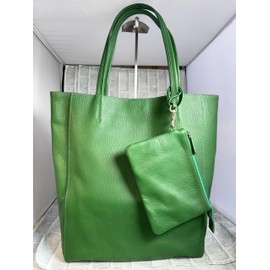 Rebecca JT-240322 Vertical Tote Bag with Pouch, Genuine Cow Leather, Shrink Leather, Women's, Men's, Cowhide Leather, Tote Bag, Unisex, Unisex, green