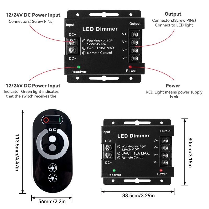 Sorfia Dimmer Switch, DC 12V-24V 18A PWM LED Light Strip