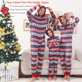 ANGELGGH Family Matching Christmas Onesie, Cute Vacation Reindeer Print One Piece Pajamas, Hooded Holiday Sleepwear Nightwear (Youth, 6-8T, Striped Reindeer)