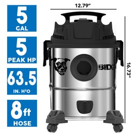 BIDZ 5 Gallon, Powerful 5 Peak HP Motor, 63.5'' Water Lift Suction Power, Heavy-Duty Stainless Steel Semi- Commercial Shop Vacuum System, Commercial Grade 8FT Hose, Black (WD-512-SS-BIDZ)