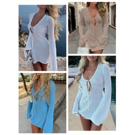 ANRABESS Womens Swimsuit Crochet Swim Cover Up Summer Bathing Suit Swimwear Hollow Out Mesh Knit Beach Dress Vacation Outfits X-Large Khaki