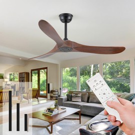 52 Inch Ceiling Fans Without Lights, Solid Wood Ceiling Fan with Remote Control and DC Silent Motor for Patio, Living Room, Bedroom, Dark Walnut (Includes 3 Downrods)