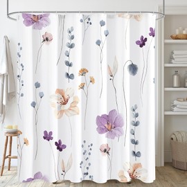 Gibelle Watercolor Floral Shower Curtain, Purple Beige Flower Shower Curtain for Bathroom, Modern Minimalist White Waterproof Fabric Shower Curtain Set with Hooks 72x72 Inch