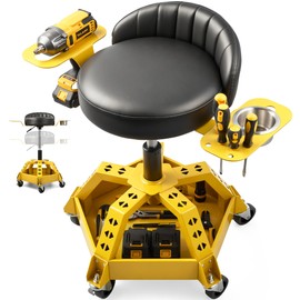 Rolling Shop Stool with Wheels for Garage, Height Adjustable Mechanic Stool Seat with Backrest and Tool Tray Storage for Workshop, Heavy Duty 330 LBS Capacity Padded Work Garage Chair, 360° Swivel