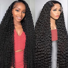 FCUFCU 28 Inch Deep Wave Lace Front Wigs Human Hair 200% Density 13x6 HD Lace Frontal Wigs Human Hair Pre Plucked with Baby Hair Deep Curly Wigs for Black Women Natural Color