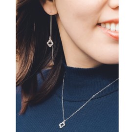 Adelina Style Women's Lucky Quatrefoil Clover Earrings, Popular, Venetian Chain, Swinging Earrings, 925 Silver, Hypoallergenic, Sterling Silver, Cubic Zirconia