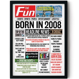 Stuff4 16th Birthday Poster Framed - Born In 2008 Newspaper - Happy 16th Birthday Gifts for Boys Girls Vintage Retro Back In 2008, 8x10 Inch Sixteen Sixteenth Bday Party Decor Decoration