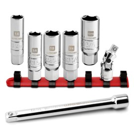 LLNDEI 3/8 Inch Drive Spark Plug Socket Set SAE & Metric, High Visibility 6 Point Sockets CR-V Steel, Mirror Polished Sockets with Rubber Retaining Rings-Spark Plug Removal Tool for Car Repair 7PCS