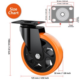 ASHGOOB 5 Inch Caster Wheels, Casters Set of 4 Heavy Duty, Orange Polyurethane (PU) Casters, Industrial Swivel Top Plate Castor Wheels for Workbench/Furniture/Cart (Pack of 4)