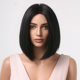 Peluca Bob Negro Corto Recto - Estilo Clásico Elegante - Cabello Liso Natural - ¡Lista para Usar en Segundos!