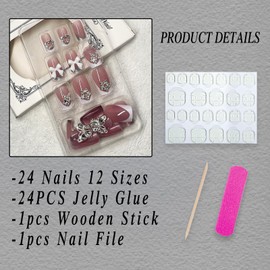 ROFIBUT French Tip Press on Nails Medium Square Fake Nails with 3D Resin Bow Star Charms Designs Glossy White Silver French Full Cover Glue on Nails Reusable Nude Stick on Nails for Women 24Pcs