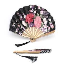 1SourceTek Silk Hand Held Folding Fans 8.27 inches (21cm) Women Hand Held Folding Fans With a Fabric Sleeve Protection for Gifts - Chinese Retro Style (Black)