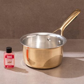 P-TAL Brass Saucepan 1.2L with Insulated Heat-Resistant Handle | 100% Pure Brass Tin Coated Tea Pan | Chemical-Free and Non-Stick (Free 30ml Copper & Brass Cleaning Solution)