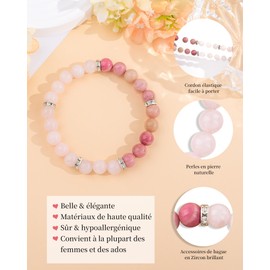 CheersLife Women's Bracelet Natural Stone Bracelet with Zircon Ring Birthday Christmas Gift Idea Original Pearl Bracelets Gift for Mother Daughter Sister Girlfriend Couple (Quartz Rose) FR, Stone