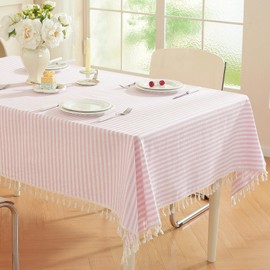 meioro Striped Tassel Table Cloth Square Kitchen Tablecloth, Pink, 90×90cm