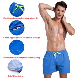 QRANSS Blue Men 5 inch Inseam Swimming Trunks Swim Pants Swimwear Beach Shorts Back Zipper Pocket (Large)