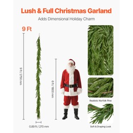 VEVOR Christmas Garland, 9-FT Realistic Norfolk Pine Garland, Evergreen Real Touch Artificial Faux Greenery Garlands, for Holiday Indoor Outdoor Xmas Decoration on Table, Mantel, and Fireplace