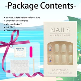 24Pcs Press on Nails Nude Fake Nails Short Square Nails Press Ons with Blue Flower Designs Acrylic Nails Summer Full Cover Stick on Nails Cute Manicure for women