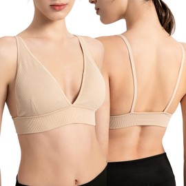 INIBUD Bralette for Women Summer Yoga Sports Ribbed Plunge Cami Bra Seamless V Neck Triangle Comfy 3-PCS-L