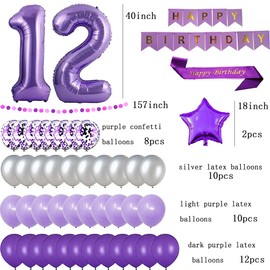 yujiaonly 12nd Birthday Party Decorations Purple Happy Birthday Paper Banner Purple 40inch Number 12 Happy birthday Sash Latex and Confetti Balloons Perfect for 12 Years Old Party Supplies Balloons Number 12 Purple