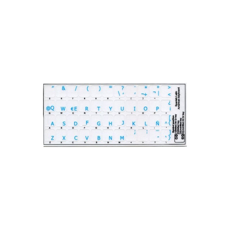 Spanish (Latin American) Keyboard Sticker with Blue Lettering Transparent Background