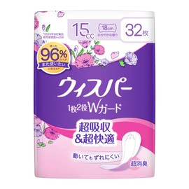 Whisper 2-in-1 W Guard, Women's, Water Absorption Care, 5.6 fl oz (15 cc), Waste & Moisture Care, Panty Liner, 32 Pieces, 7.5 inches (19 cm) x 4 Packs