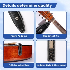 Full Grain Cowhide Leather Guitar Strap Thickened Air Cushion Top Leather Padded Strap for Acoustic Electric Guitar Bass (Y-024 Black)