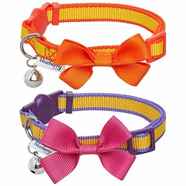 Blueberry Pet Pack of 2 Cat Collars, Classic Solid Adjustable Breakaway Cat Collar with Bell and Bow Tie, Sunshine, Neck 9"-13"