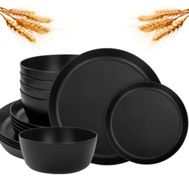 EI 12pcs Wheat Straw Dinnerware Set of 4,Plates and Bowls Sets,Plastic Plate Reuasble Unbreakable,Heavy Duty Plastic Plates for Camping,Picninc,Family Dinner
