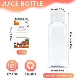 Juice Bottles with Caps, Pack of 6 350 ml Plastic Juice Bottles, Transparent Bottles with Tamper Proof Caps, Reusable Juice Containers for Juicing, Smoothie, Drinking