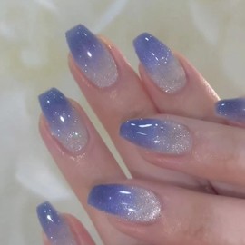 Short Press on Nails Coffin Fake Nails with Cat Eye Designs Acrylic Nails Press ons Glossy Glue on Nails Gradient Acrylic Nails Blue False Nails Artificial Stick on Nails for Women 24Pcs