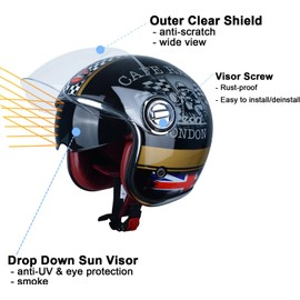 Open Face Motorcycle Helmet for Adults, DOT Approved,Moped 3/4 Half Vespa Vintage Helmet with Dual Visors for Men and Women