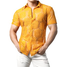 JOGAL Mens Floral Lace Shirt See Through Casual Button Down Shirts Yellow Large