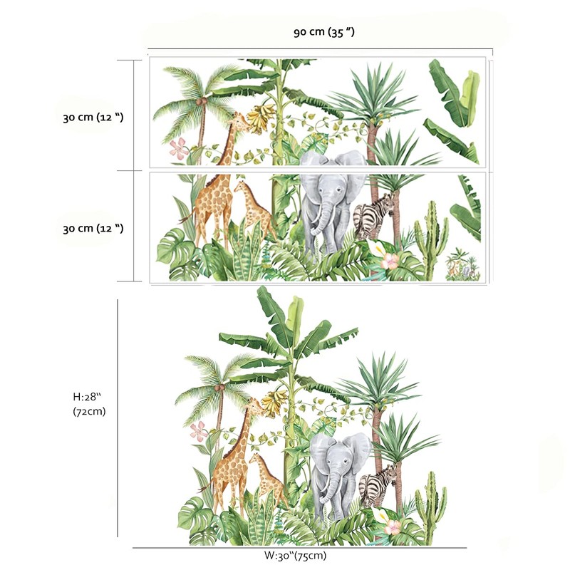 Runtoo Tropical Jungle Animal Wall Decals Giraffe Elephant Plants Wall