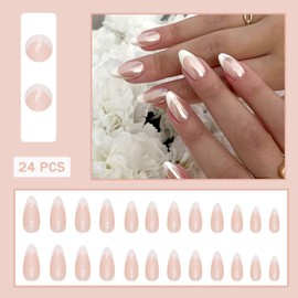 French Tip Chrome Press on Nails Medium Almond Fake Nails Press ons with Designs Chrome White French Tip False Nails Glossy Full Cover Cute Acrylic Stick on Nails for Women Nails Decorations 24Pcs