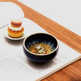 HOHCNA 3 oz Chinese Style Small Tea Cup, Handmade Jianzhan Tenmoku Ceramic Tea Cup, Mini Blue Starry Sky Glaze Cha Wan Bowl (Dragon)