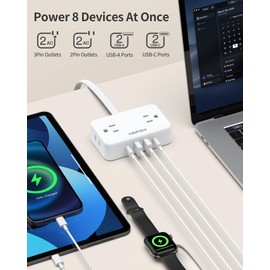 Flat Plug Extension Cord, 6 Ft Ultra Thin Power Strip with 4 AC Wide Spaced Outlets and 4 USB (2 USB-C) Ports, No Surge Protector for Cruise Ship, White Extension Cord for Travel Home Office